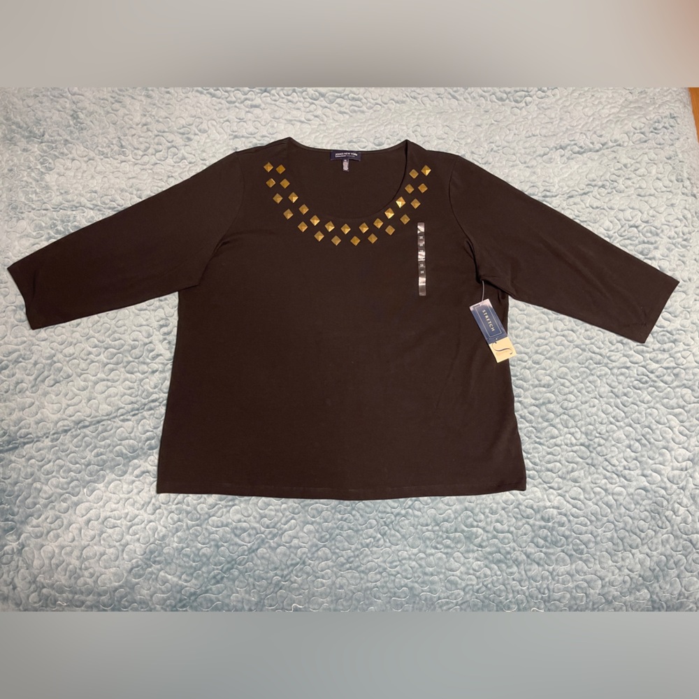 NWT Jones New York Top Blouse Black w/Gold Sz 3X Signature Stretch 3/4 Sleeve